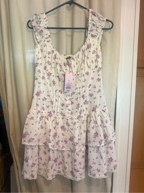 Wild Fable White Floral Tiered Mini Sundress with Pink Accent